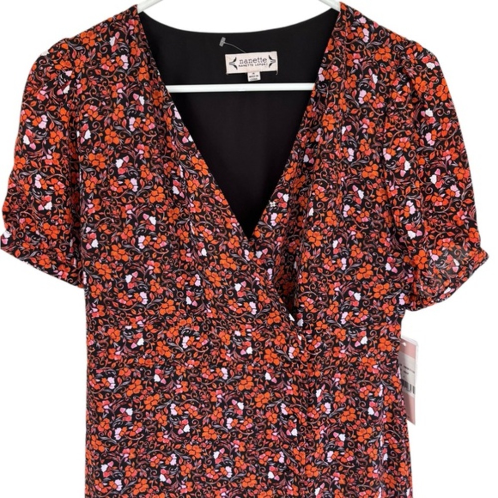 NWT Nanette Lapore Women's Black/Orange Floral Puff Sleeve Wrap Dress Size 4 - Picture 3 of 9